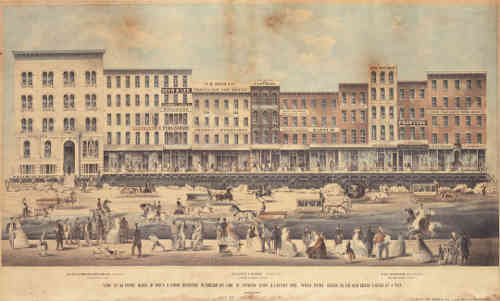 Edward Mendel’s lithograph of the raising of the block on Lake Street, LaSalle Street and Clark Street.